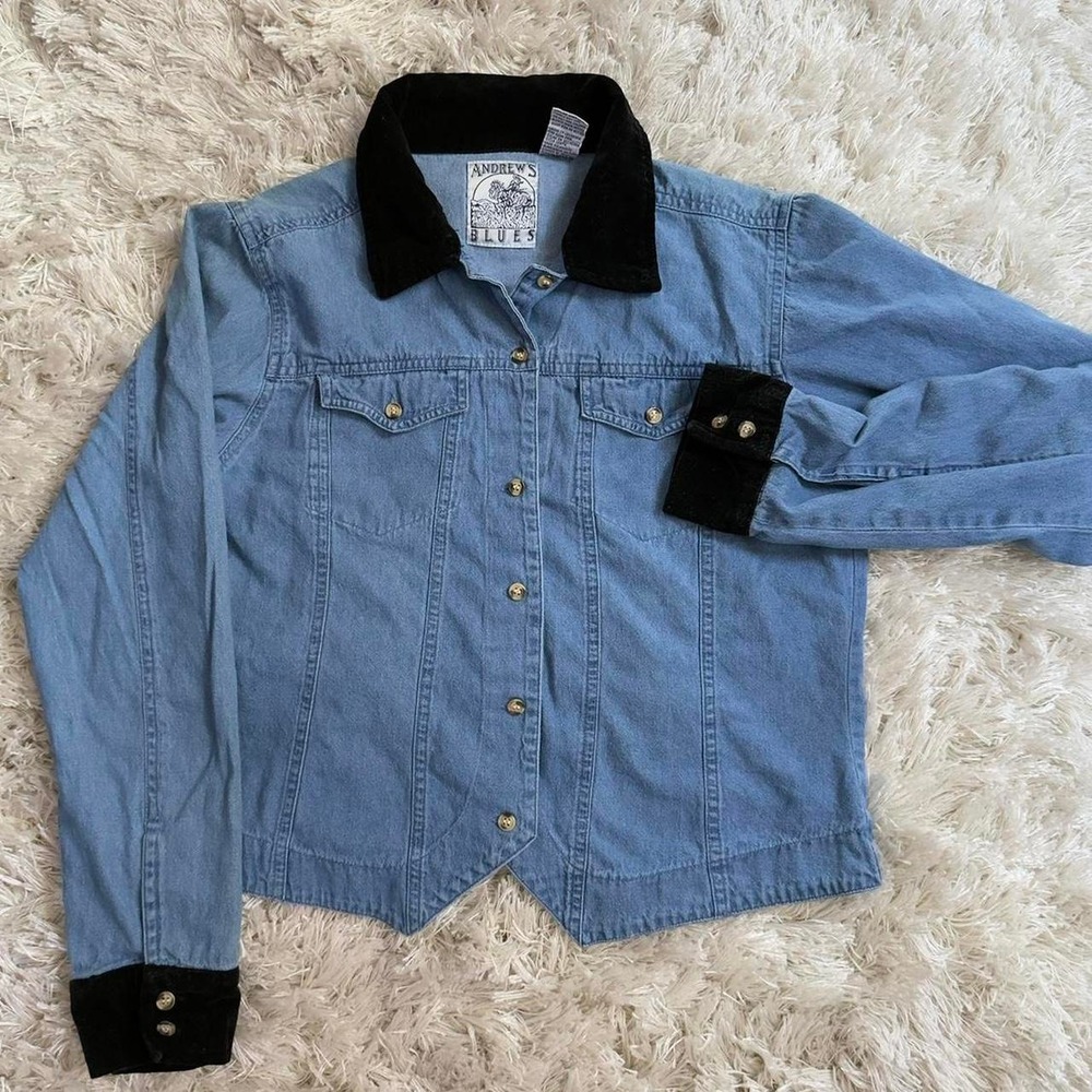 Vintage Andrews Blues Womens Cropped Denim Button Up Velvet Cuffs 90s‎ Cowgirl M